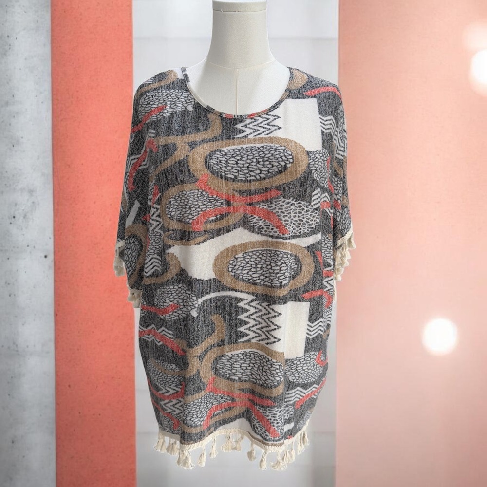 Papillon Boho Tassel Tunic Top Resort Vacation Artsy Abstract Oversized NWT